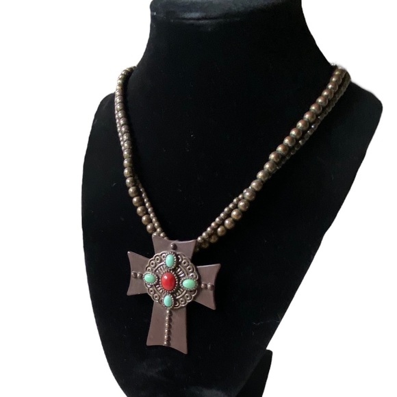 Bohemian Style Double Beaded Cross Turquoise Pendant Necklace - Picture 3 of 5